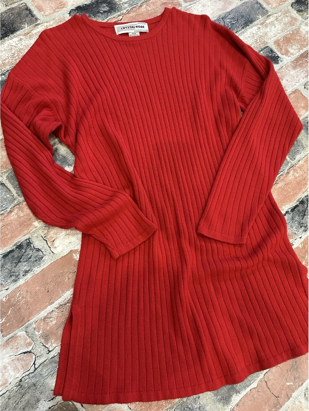 Women’s Red Ribbed Knit Sweater Dress Crew Neck Long Sleeve Size Medium